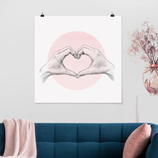 Póster cuadros famosos Illustration Heart Hands Circle Pink White