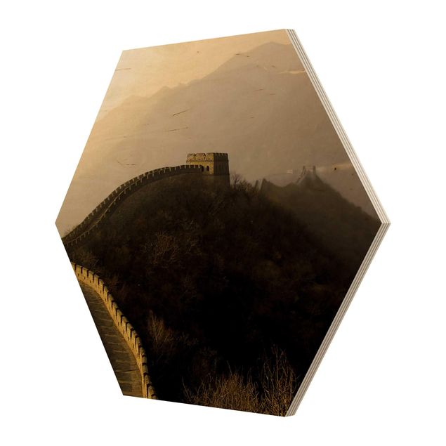 Hexagon Bild Holz - Sonnenaufgang über der chinesischen Mauer