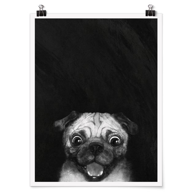 Póster de cuadros famosos Illustration Dog Pug Painting On Black And White