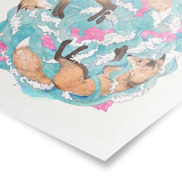 Cuadros turquesa Illustration Foxes And Waves Painting