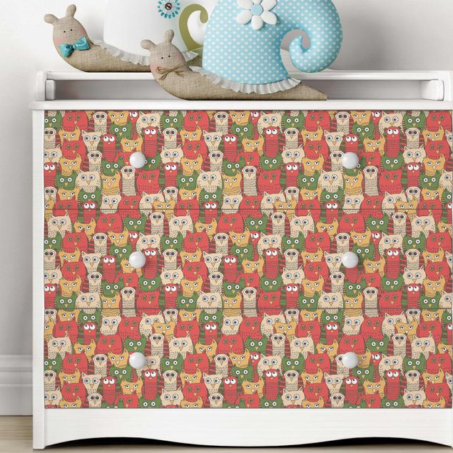Papel adhesivo para muebles mate Pattern With Funny Owls Red