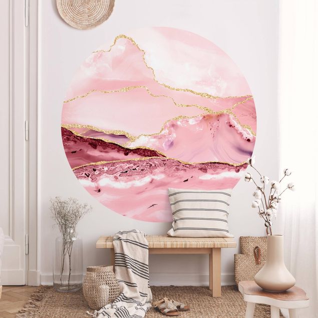 Papel pintado efecto mármol Abstract Mountains Pink With Golden Lines