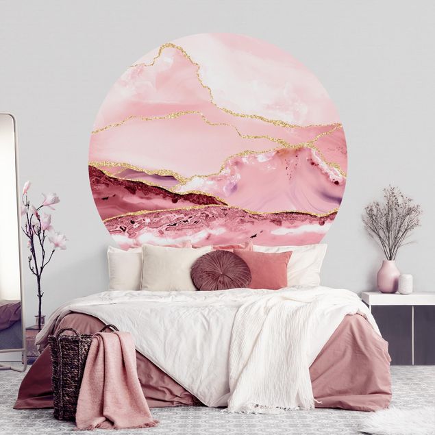 Decoración cocina Abstract Mountains Pink With Golden Lines