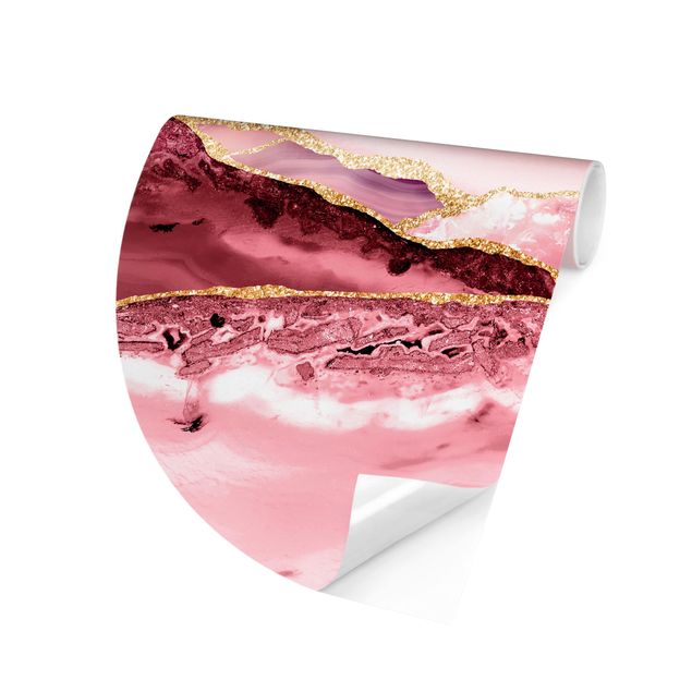 Papel pared montañas Abstract Mountains Pink With Golden Lines