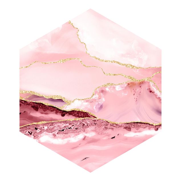Papeles pintados modernos Abstract Mountains Pink With Golden Lines