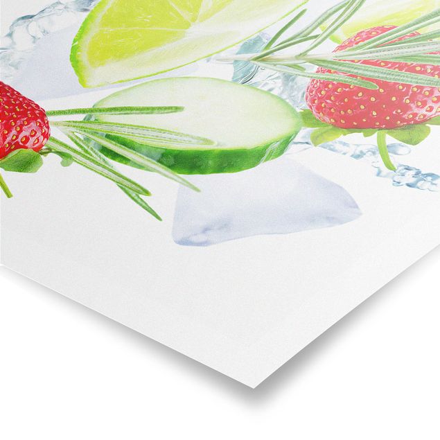 Pósters Strawberries Lime Ice Cubes Splash