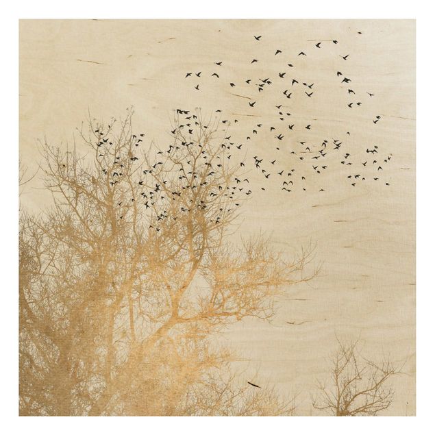Cuadros de madera paisajes Flock Of Birds In Front Of Golden Tree