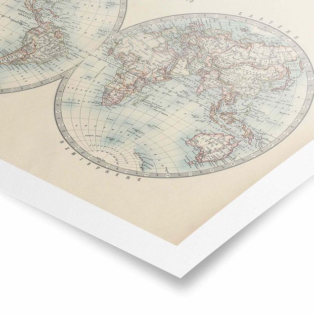 Cuadros Vintage World Map The Two Hemispheres