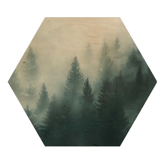 Hexagon Bild Holz - Nadelwald im Nebel