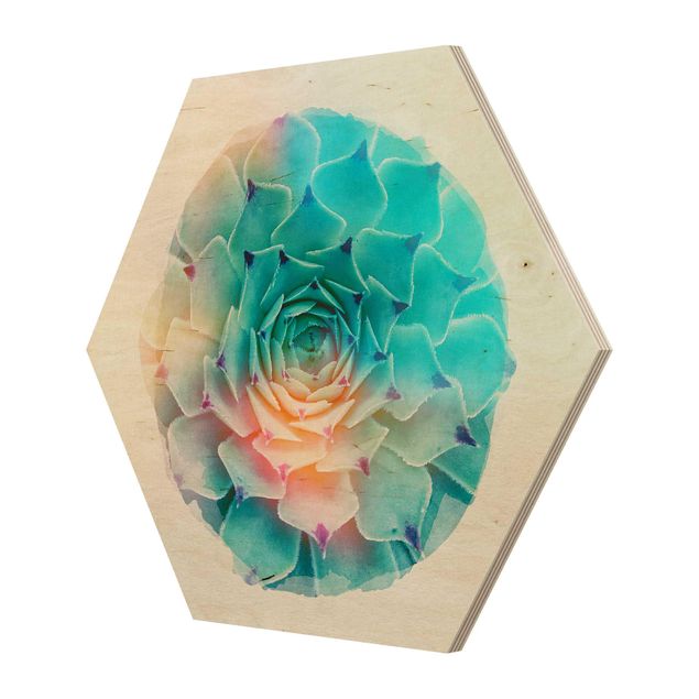 Hexagon Bild Holz - Wasserfarben - Kaktus Agave