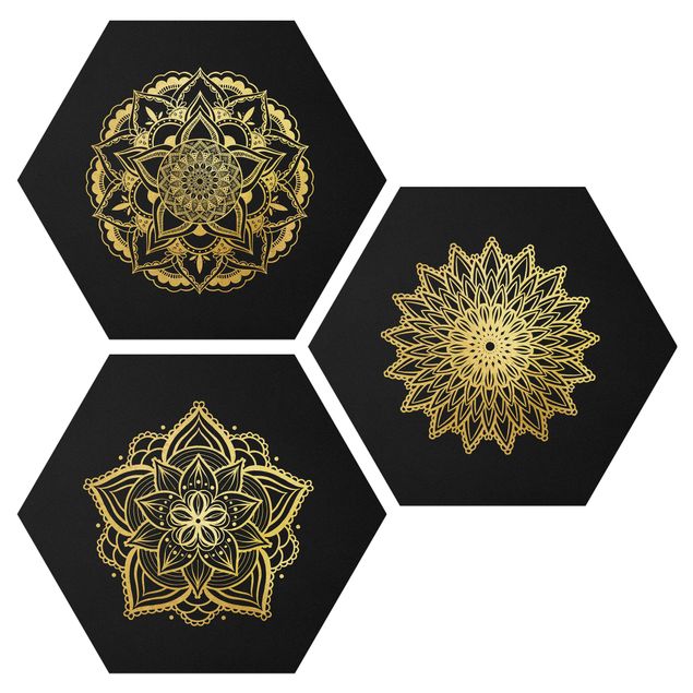 Cuadros zen para baños Mandala Flower Sun Illustration Set Black Gold