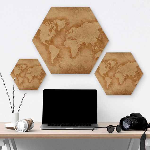 Hexagon Bild Holz - Antike Weltkarte