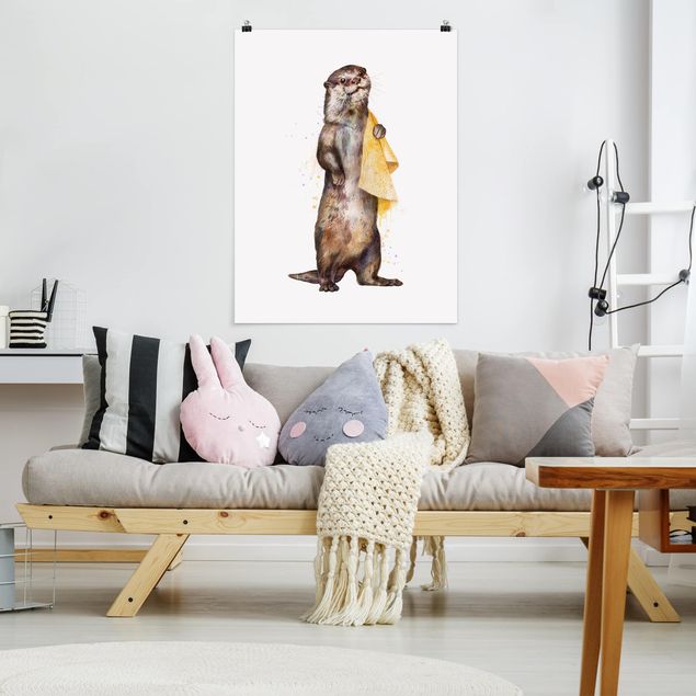 Póster animales Illustration Otter With Towel Painting White