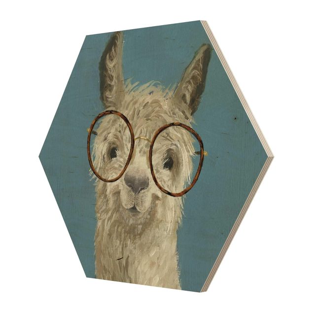 Hexagon Bild Holz - Lama mit Brille I