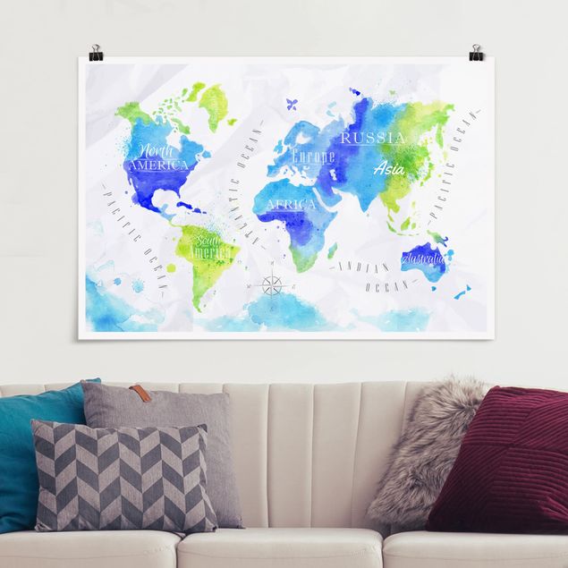 Decoración de cocinas World Map Watercolour Blue Green