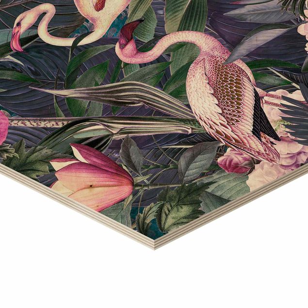 Cuadros hexagonales Colorful Collage - Pink Flamingos In The Jungle
