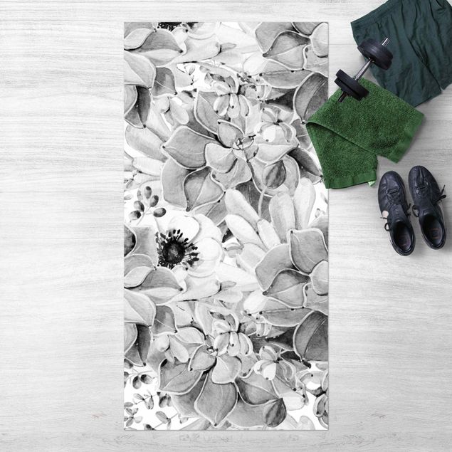 Alfombras para exterior Watercolour Succulent With Flower In Black And White