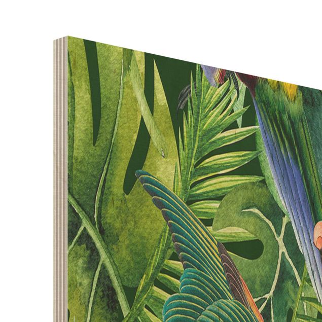 cuadros de madera decorativos Colourful Collage - Parrots In The Jungle