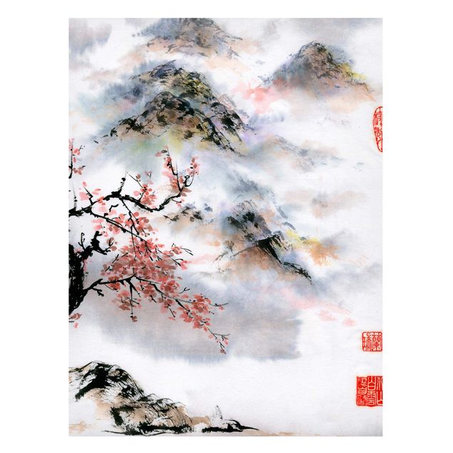Cuadros árboles Japanese Watercolour Drawing Cherry Tree And Mountains