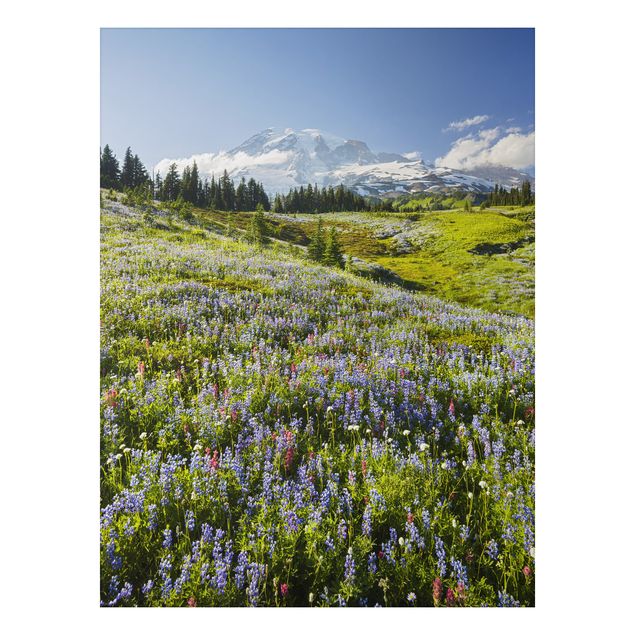 Cuadros árboles Mountain Meadow With Flowers In Front Of Mt. Rainier
