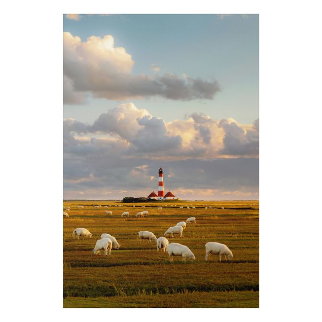 Cuadro con paisajes North Sea Lighthouse With Flock Of Sheep