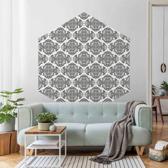 Papel pintado damasco Watercolour Baroque Pattern With Ornaments In Gray