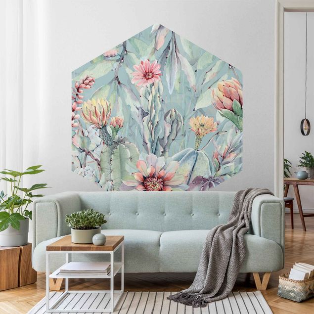 Papel pintado salón moderno Watercolour Blooming Cacti Bouquet