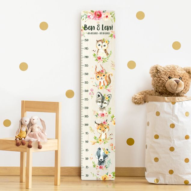 Decoración infantil pared Watercolour flowers forest animals with custom name