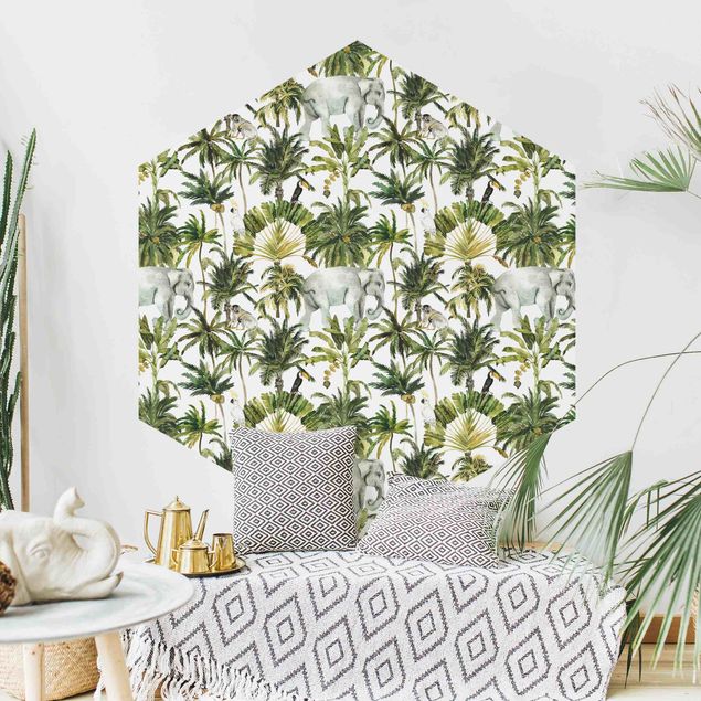 Papel pintado floral Watercolour Elephant And Palm Pattern