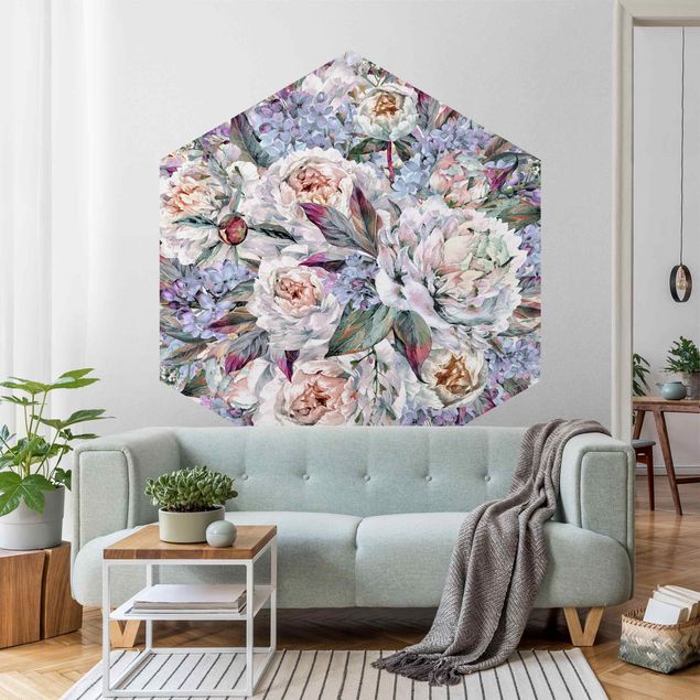 Papel pintado flores Watercolour Lilac Peony Bouquet