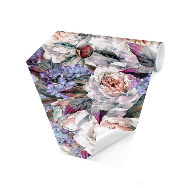 Papel pintado hexagonal Watercolour Lilac Peony Bouquet