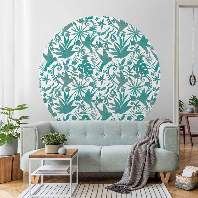 Decoración de cocinas Watercolour Hummingbird And Plant Silhouettes Pattern In Turquoise