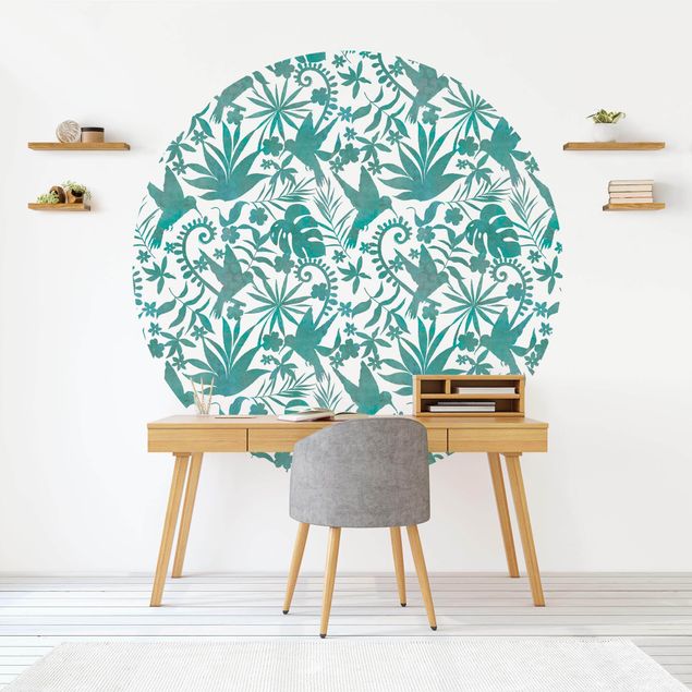 Papel pintado aves Watercolour Hummingbird And Plant Silhouettes Pattern In Turquoise