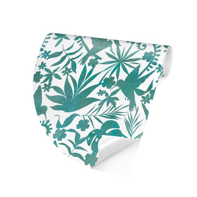 Papel pintado floral Watercolour Hummingbird And Plant Silhouettes Pattern In Turquoise
