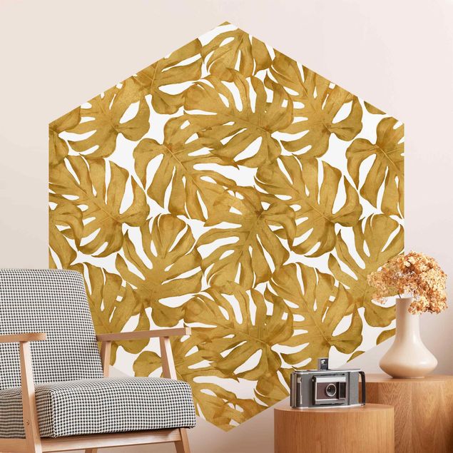 Papel pared flores Watercolour Monstera Leaves In Gold