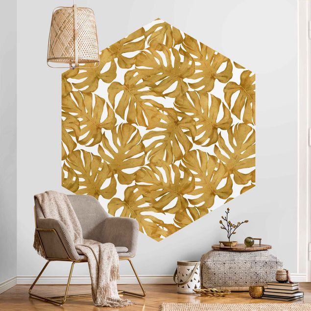 Papel pintado con patrones Watercolour Monstera Leaves In Gold