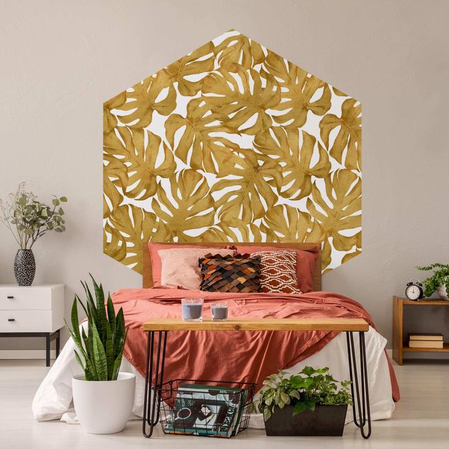 Papel pintado salón moderno Watercolour Monstera Leaves In Gold