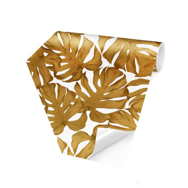 Papel pared amarillo Watercolour Monstera Leaves In Gold