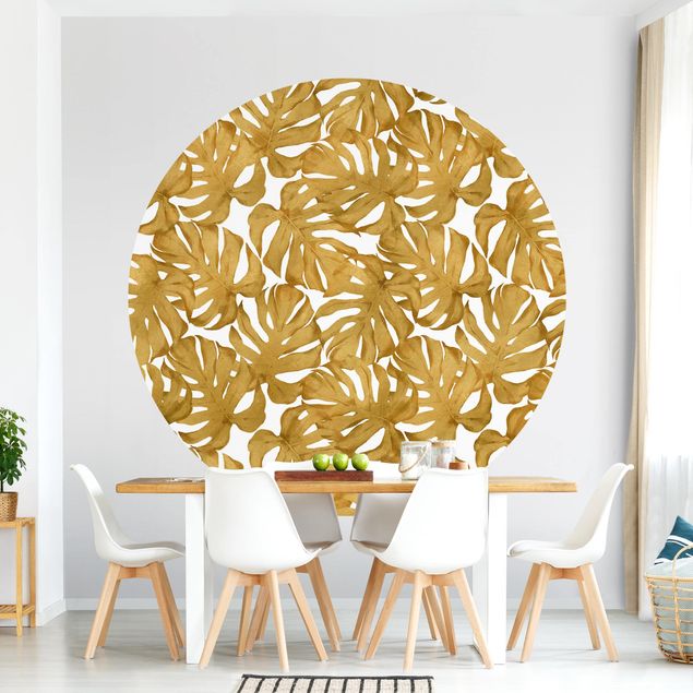 Papel pintado floral Watercolour Monstera Leaves In Gold