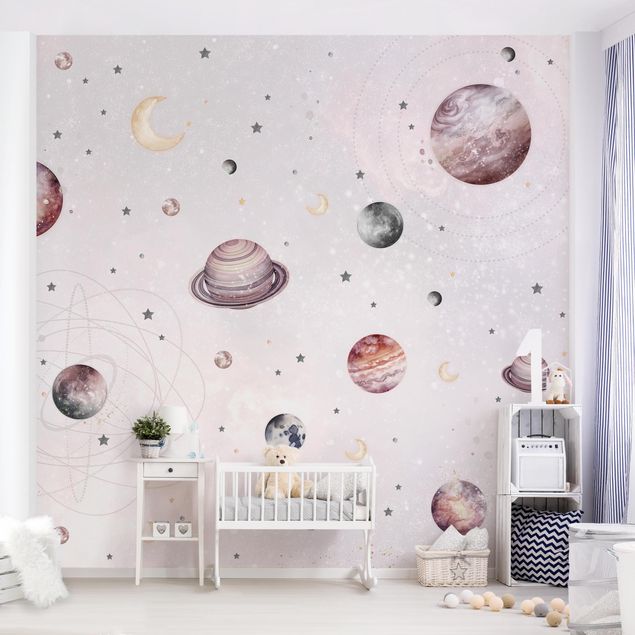 Decoración infantil pared Planets, Moon And Stars In Watercolour