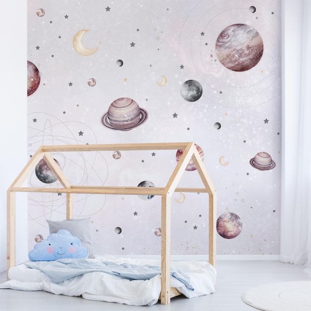 Papel pintado de nubes Planets, Moon And Stars In Watercolour