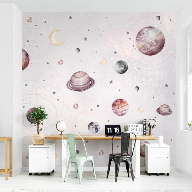 Papel pintado salón moderno Planets, Moon And Stars In Watercolour
