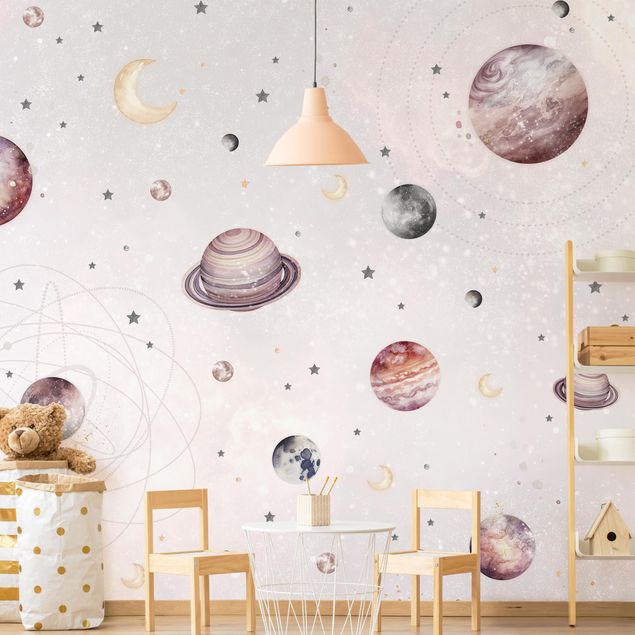Papel de pared Planets, Moon And Stars In Watercolour