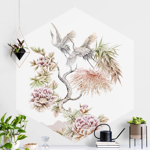 Decoración cocina Watercolour Storks In Flight With Flowers