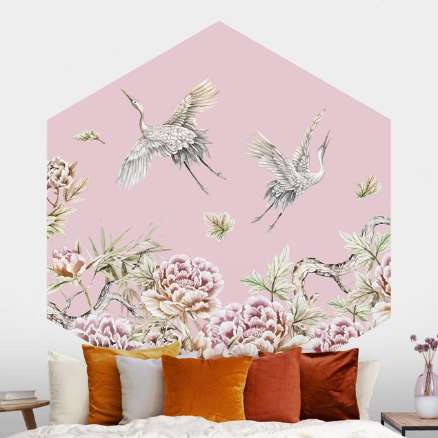 Decoración de cocinas Watercolour Storks In Flight With Roses On Pink