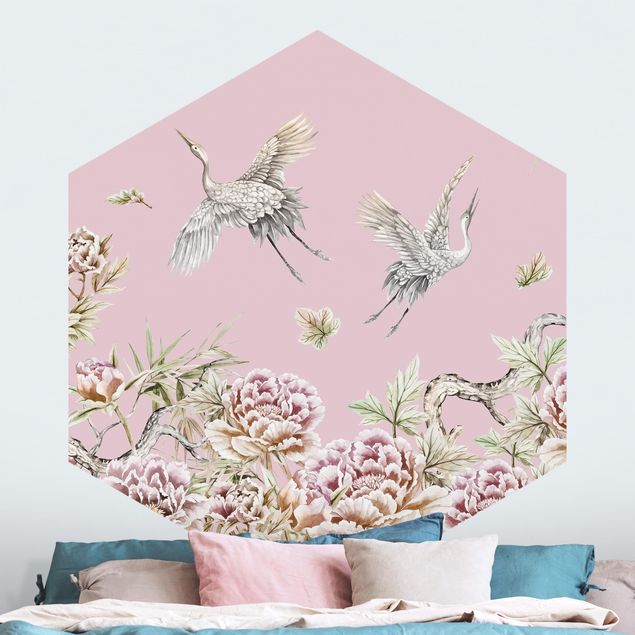 Papel pintado rosas Watercolour Storks In Flight With Roses On Pink