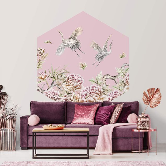 Papel pintado aves Watercolour Storks In Flight With Roses On Pink
