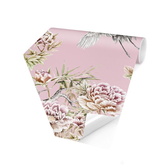 Papel pintado moderno Watercolour Storks In Flight With Roses On Pink