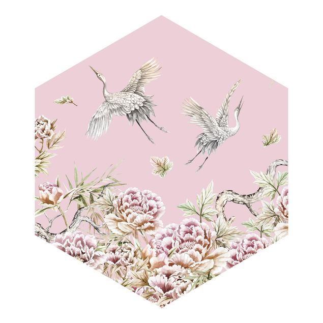 Papel pintado hexagonal Watercolour Storks In Flight With Roses On Pink