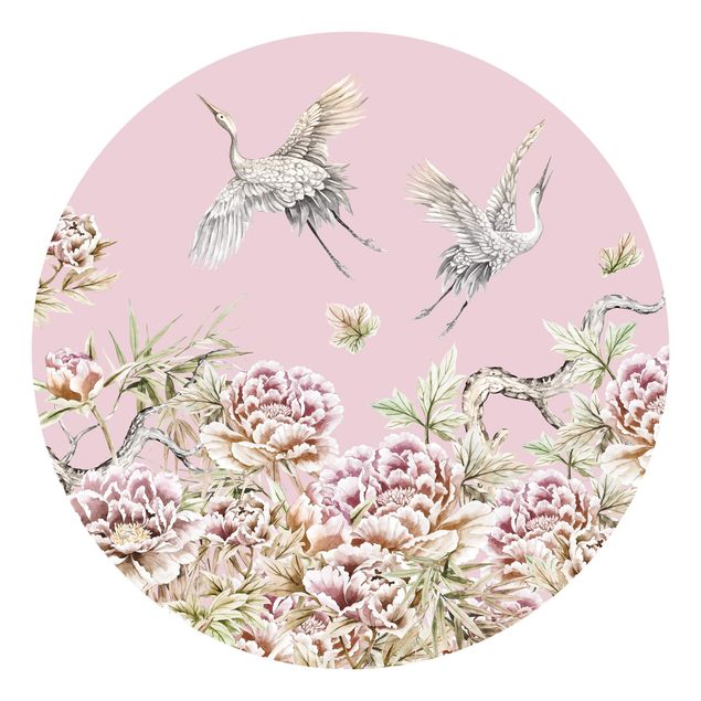 Papel pintado floral Watercolour Storks In Flight With Roses On Pink
